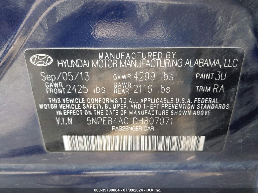 2013 Hyundai Sonata Gls VIN: 5NPEB4AC1DH807071 Lot: 39790084