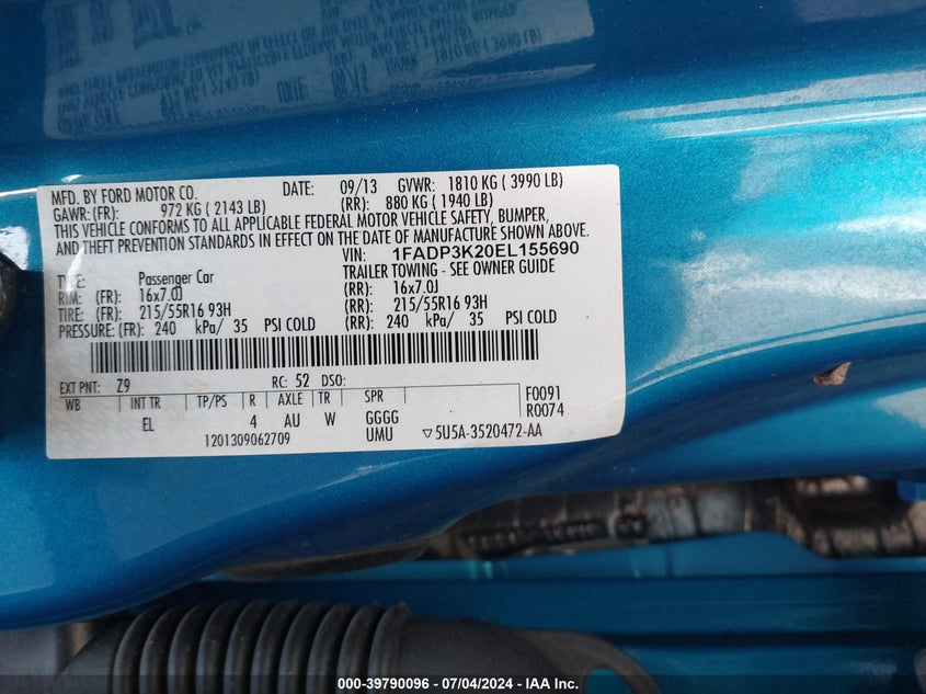 2014 Ford Focus Se VIN: 1FADP3K20EL155690 Lot: 39790096