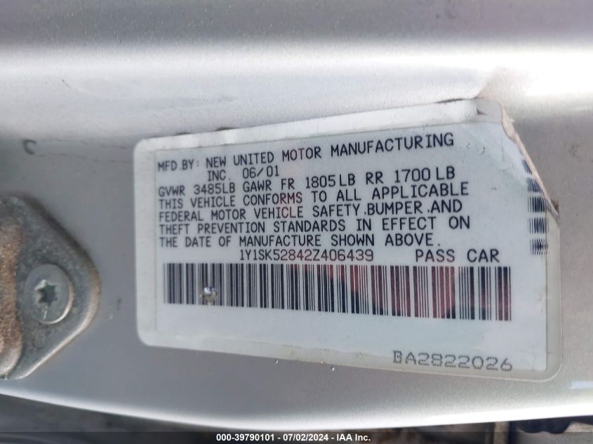 2002 Chevrolet Prizm Lsi VIN: 1Y1SK52842Z406439 Lot: 39790101