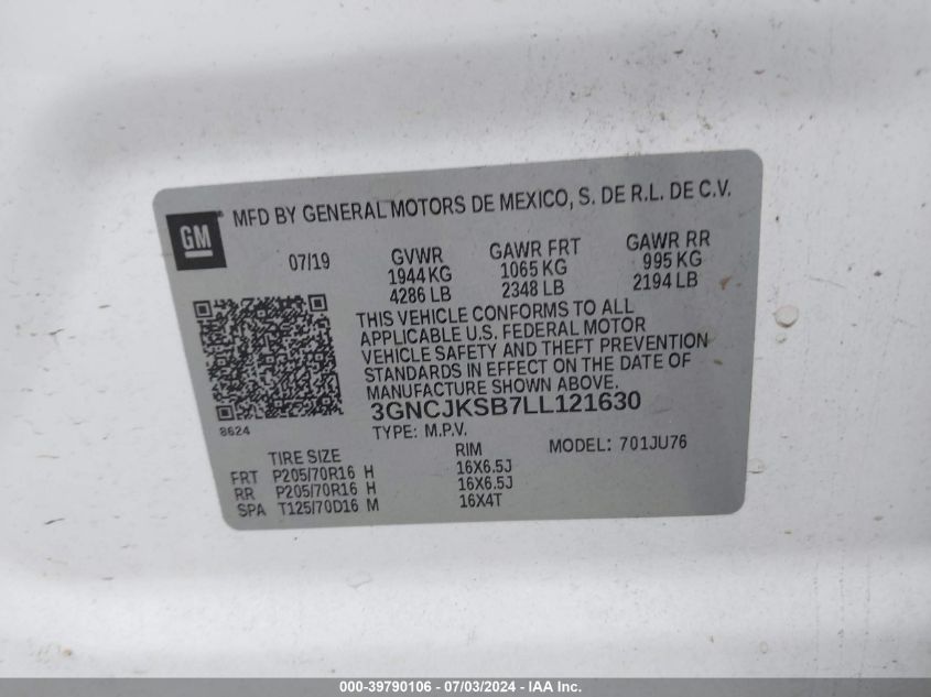 2020 Chevrolet Trax Ls VIN: 3GNCJKSB7LL121630 Lot: 39790106