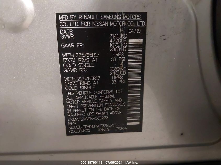 2019 Nissan Rogue S VIN: KNMAT2MV1KP551223 Lot: 39790113