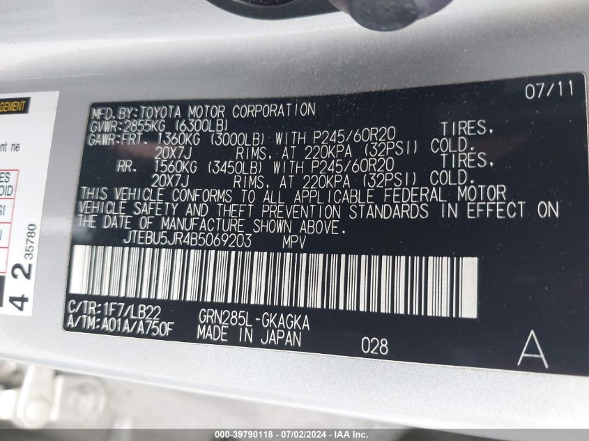 2011 Toyota 4Runner Limited V6 VIN: JTEBU5JR4B5069203 Lot: 39790118