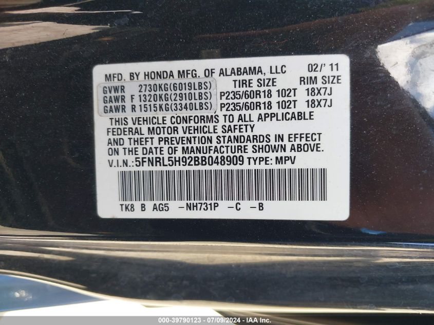 2011 Honda Odyssey Touring/Touring Elite VIN: 5FNRL5H92BB048909 Lot: 39790123