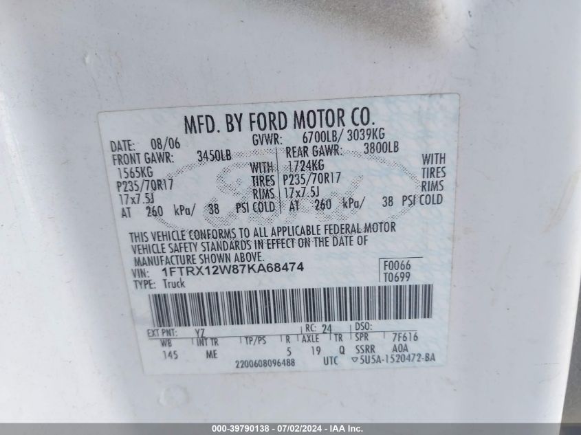 2007 Ford F-150 Stx/Xl/Xlt VIN: 1FTRX12W87KA68474 Lot: 39790138