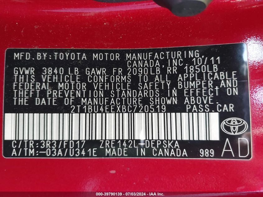 2011 Toyota Corolla S VIN: 2T1BU4EEXBC720519 Lot: 39790139