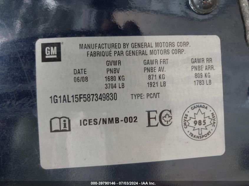 2008 Chevrolet Cobalt Lt VIN: 1G1AL15F587349830 Lot: 39790146