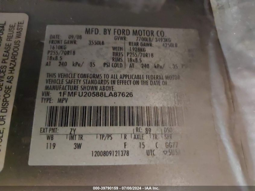 2008 Ford Expedition Limited VIN: 1FMFU20588LA87626 Lot: 39790159