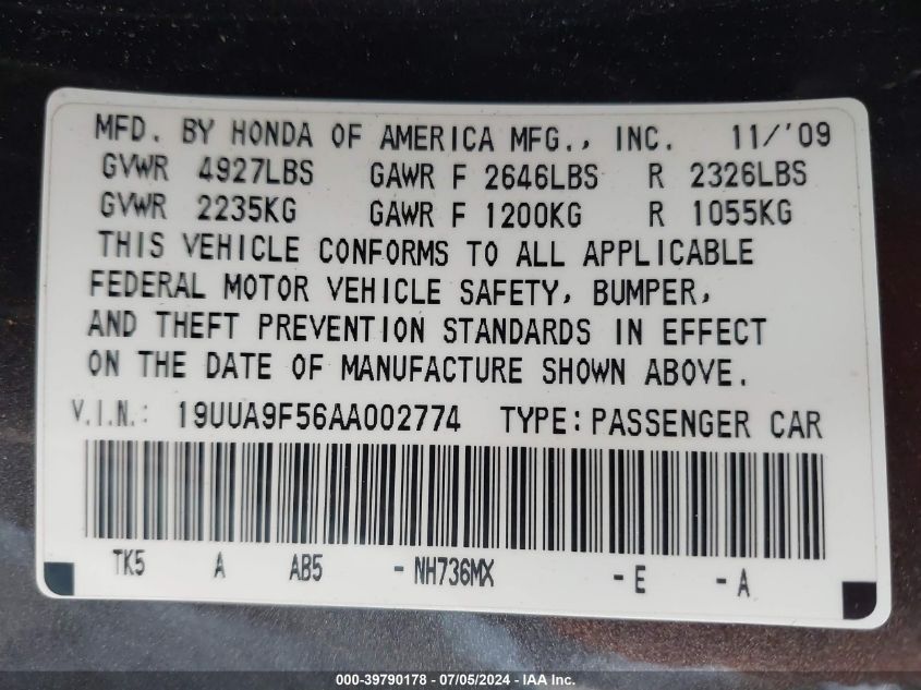 2010 Acura Tl 3.7 VIN: 19UUA9F56AA002774 Lot: 39790178