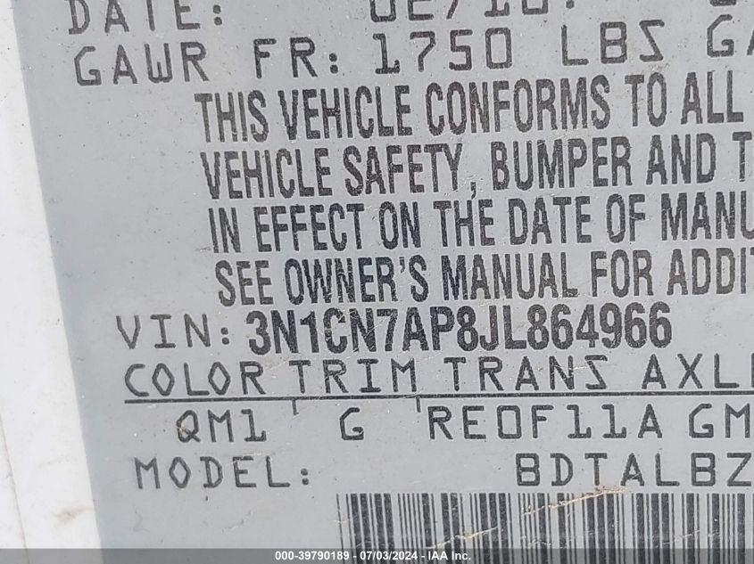 2018 Nissan Versa S/S Plus/Sv/Sl VIN: 3N1CN7AP8JL864966 Lot: 39790189