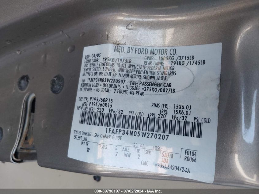 2005 Ford Focus Zx4 VIN: 1FAFP34N05W270207 Lot: 39790197