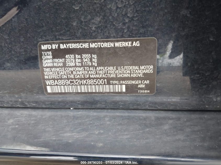 2017 BMW 330I VIN: WBA8B9C32HK885001 Lot: 39790203