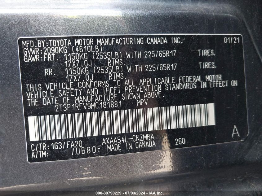 2021 Toyota Rav4 Xle VIN: 2T3P1RFV9MC181881 Lot: 39790229