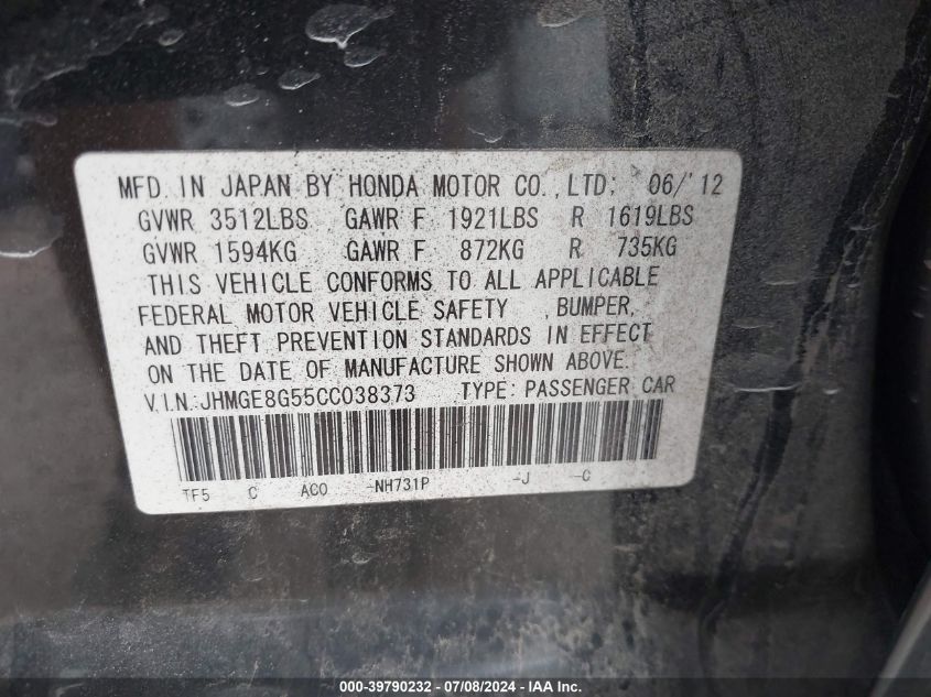 2012 Honda Fit Sport VIN: JHMGE8G55CC038373 Lot: 39790232