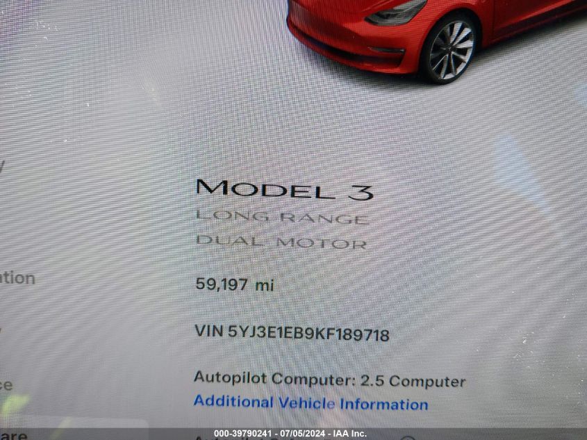 2019 Tesla Model 3 Long Range/Performance VIN: 5YJ3E1EB9KF189718 Lot: 39790241