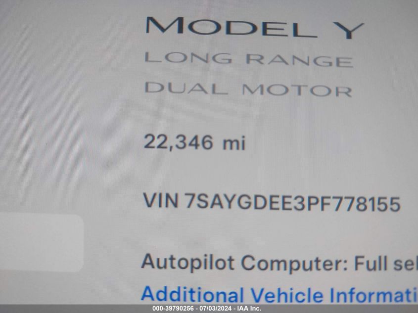 2023 Tesla Model Y VIN: 7SAYGDEE3PF778155 Lot: 39790256