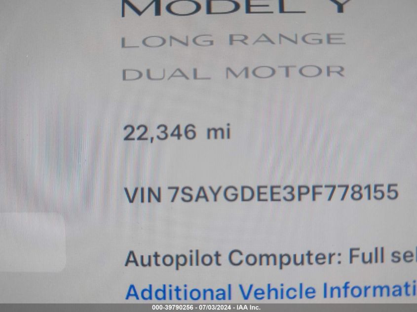 2023 Tesla Model Y VIN: 7SAYGDEE3PF778155 Lot: 39790256