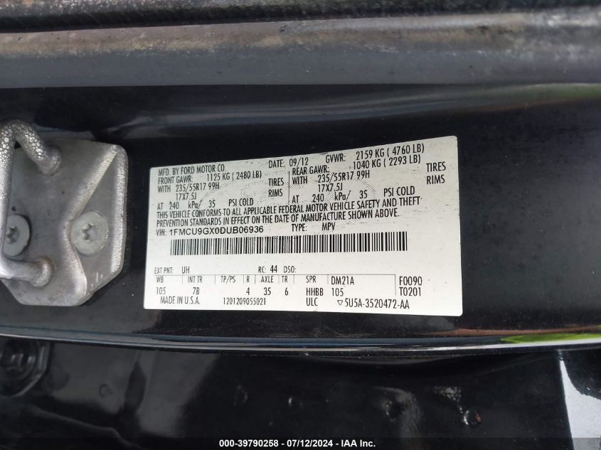 2013 Ford Escape Se VIN: 1FMCU9GX0DUB06936 Lot: 39790258