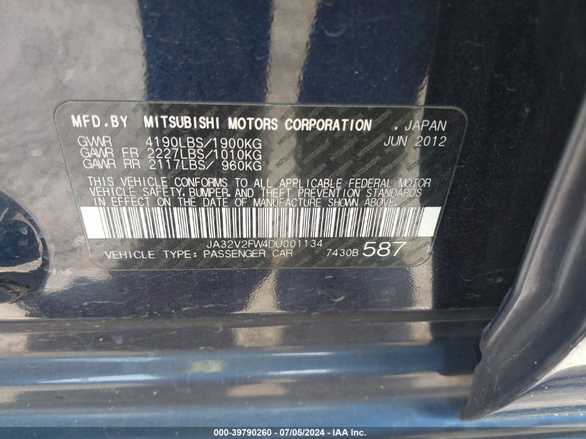 2013 Mitsubishi Lancer Se VIN: JA32V2FW4DU001134 Lot: 39790260