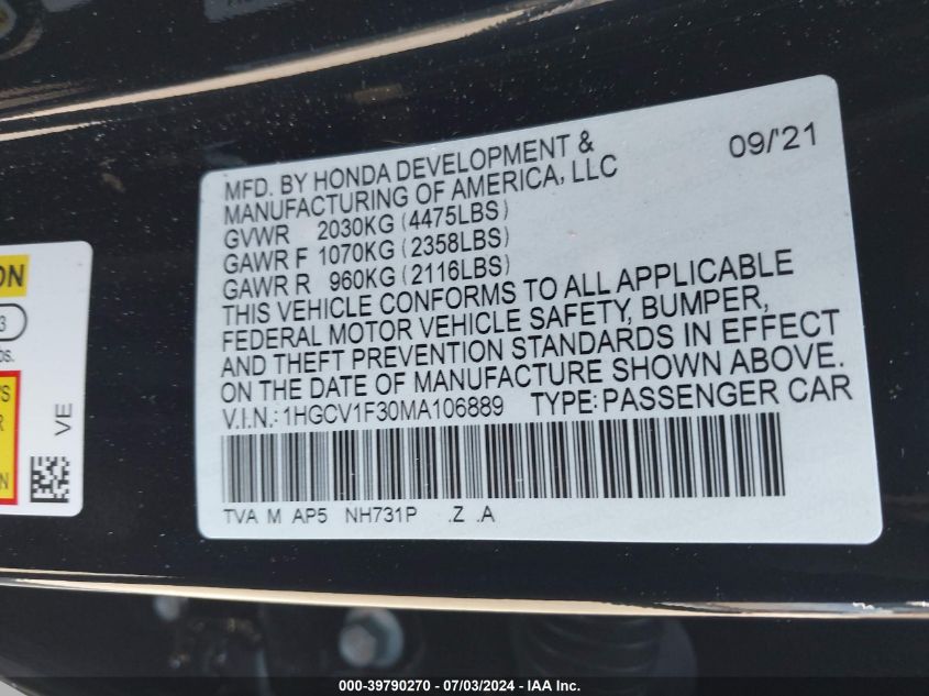 2021 Honda Accord Sport VIN: 1HGCV1F30MA106889 Lot: 39790270