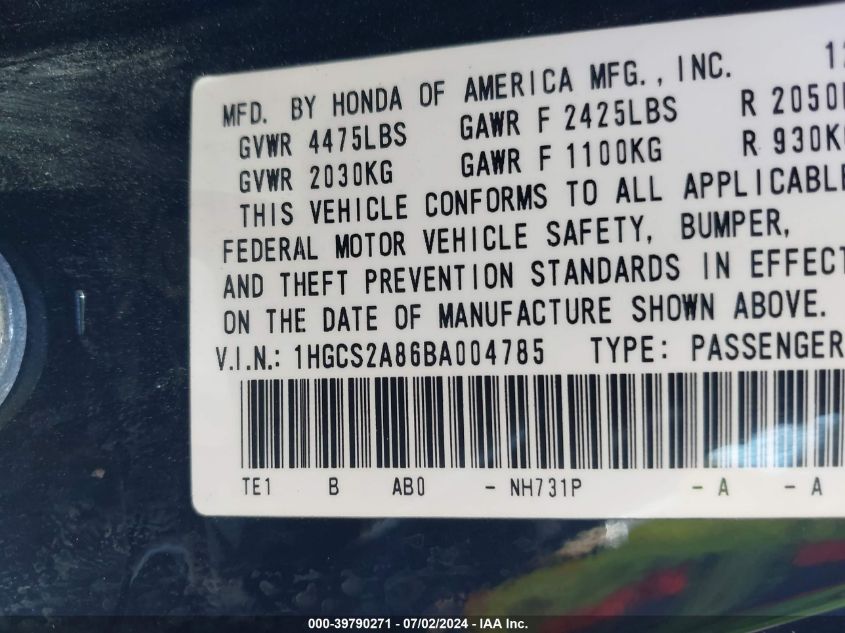 2011 Honda Accord 3.5 Ex-L VIN: 1HGCS2A86BA004785 Lot: 39790271