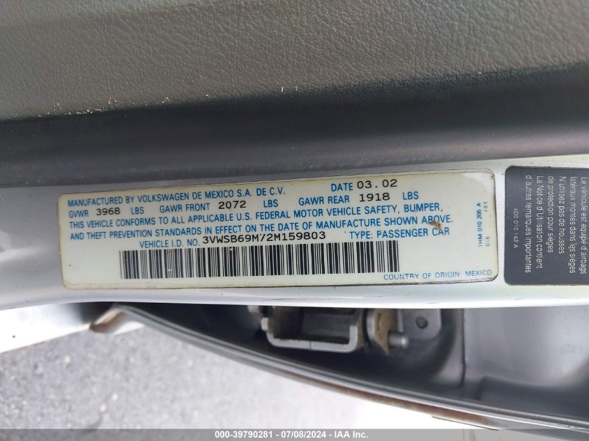 2002 Volkswagen Jetta Gls VIN: 3VWSB69M72M159803 Lot: 39790281