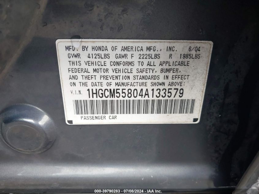 2004 Honda Accord 2.4 Ex VIN: 1HGCM55804A133579 Lot: 39790283