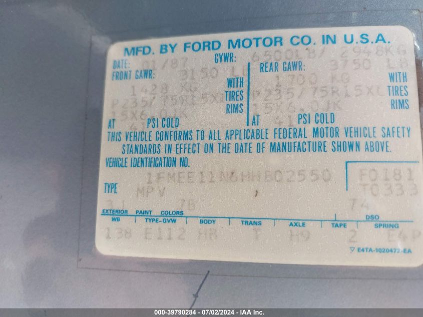 1987 Ford Econoline E150 VIN: 1FMEE11N6HHB02550 Lot: 39790284