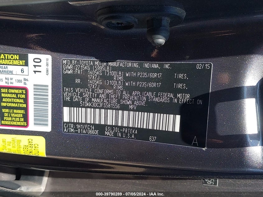 2015 Toyota Sienna Le 8 Passenger VIN: 5TDKK3DC3FS581556 Lot: 39790289