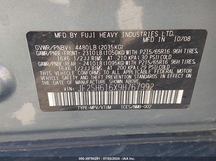 2009 Subaru Forester 2.5X VIN: JF2SH616X9H767992 Lot: 39790291