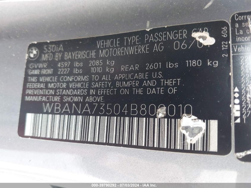 2004 BMW 530I VIN: WBANA73504B809010 Lot: 39790292