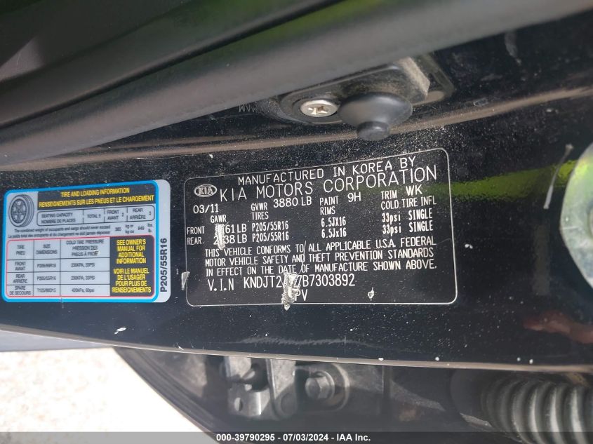 2011 Kia Soul + VIN: KNDJT2A27B7303892 Lot: 39790295