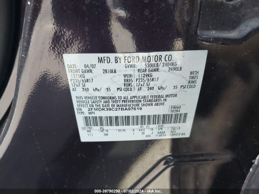 2007 Ford Edge Sel Plus VIN: 2FMDK39C27BA97619 Lot: 39790298