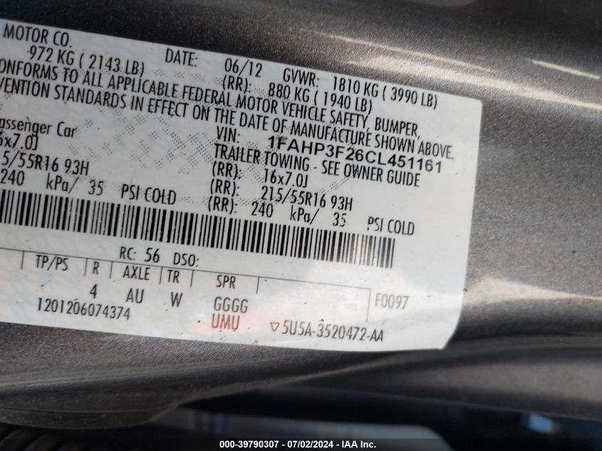 2012 Ford Focus Se VIN: 1FAHP3F26CL451161 Lot: 39790307