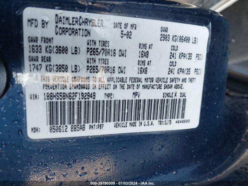 2002 Dodge Durango Slt Plus VIN: 1B8HS58N62F192949 Lot: 39790309