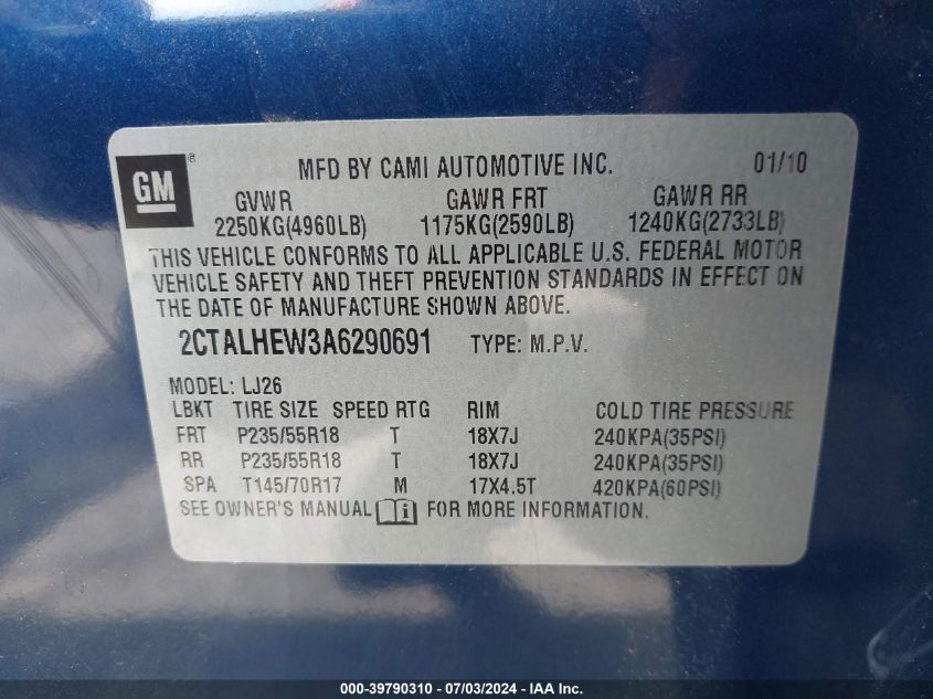 2010 GMC Terrain Slt-2 VIN: 2CTALHEW3A6290691 Lot: 39790310