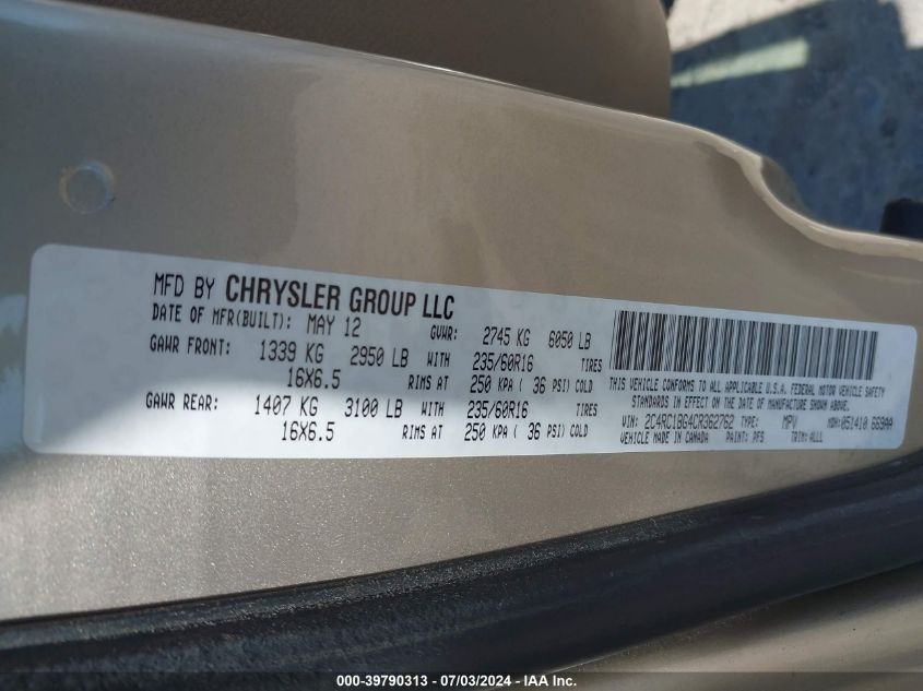 2012 Chrysler Town & Country Touring VIN: 2C4RC1BG4CR362762 Lot: 39790313