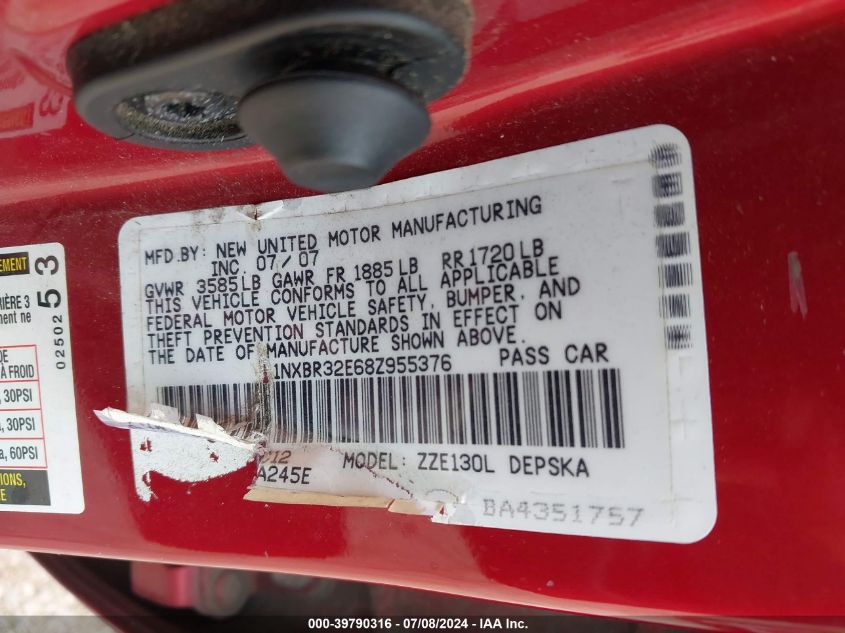 2008 Toyota Corolla S VIN: 1NXBR32E68Z955376 Lot: 39790316