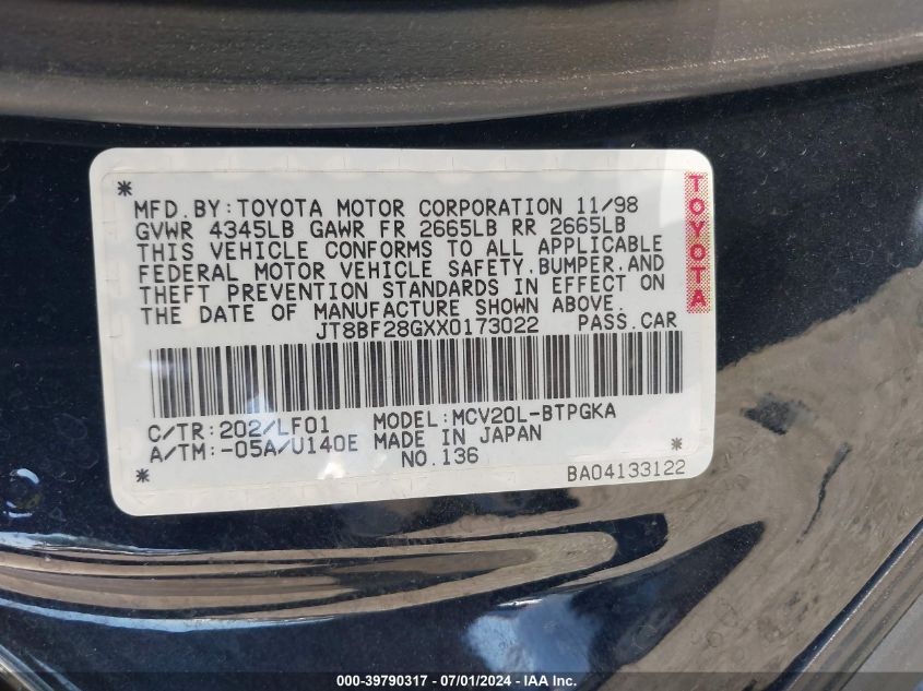 1999 Lexus Es 300 VIN: JT8BF28GXX0173022 Lot: 39790317