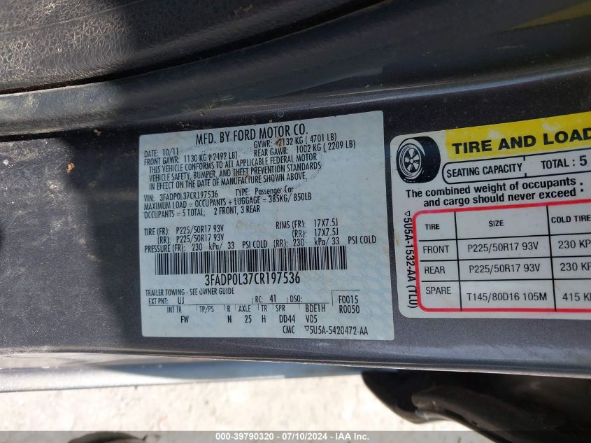 2012 Ford Fusion Hybrid VIN: 3FADP0L37CR197536 Lot: 39790320