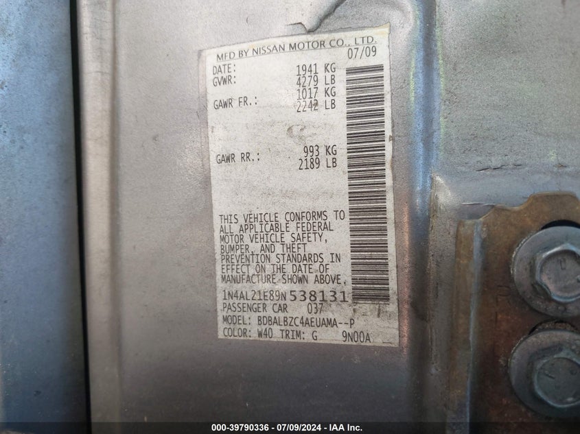 2009 Nissan Altima 2.5 S VIN: 1N4AL21E89N538131 Lot: 39790336