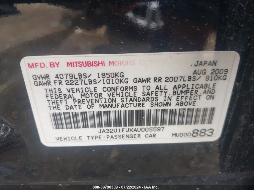 2010 Mitsubishi Lancer De VIN: JA32U1FUXAU005597 Lot: 39790339