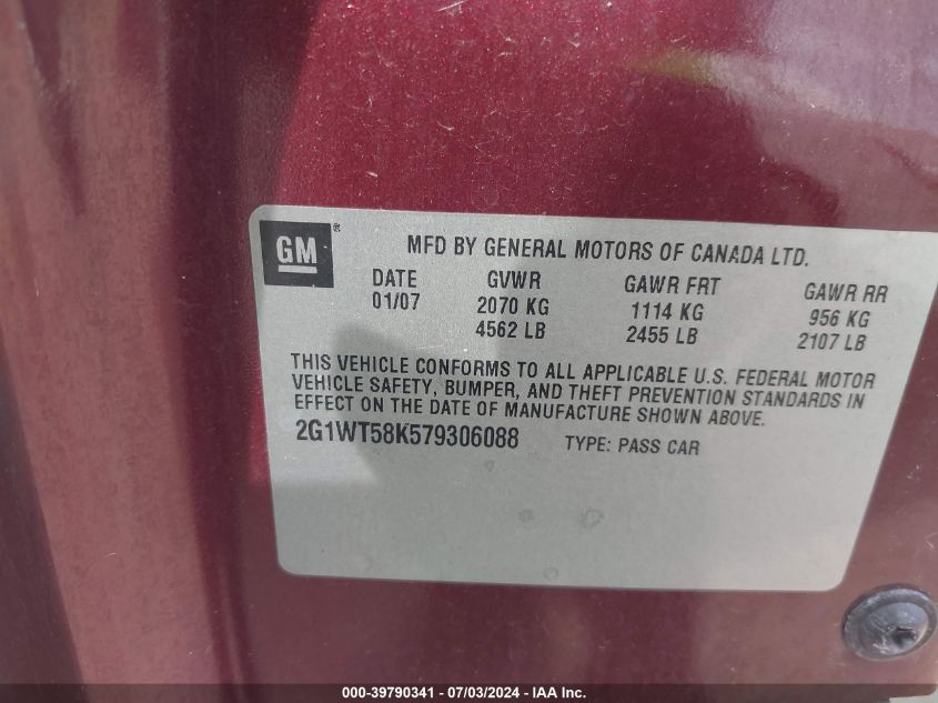 2007 Chevrolet Impala Lt VIN: 2G1WT58K579306088 Lot: 39790341