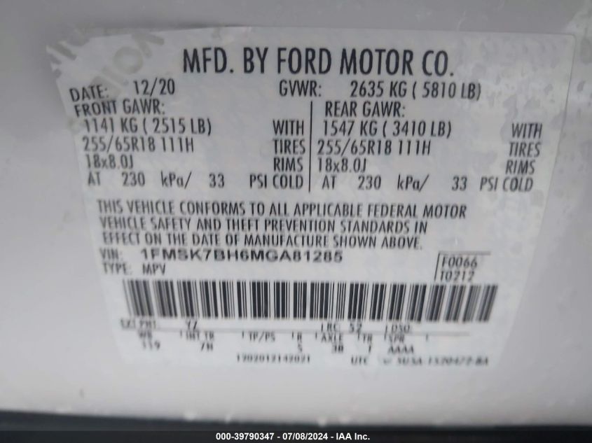 2021 Ford Explorer VIN: 1FMSK7BH6MGA81285 Lot: 39790347