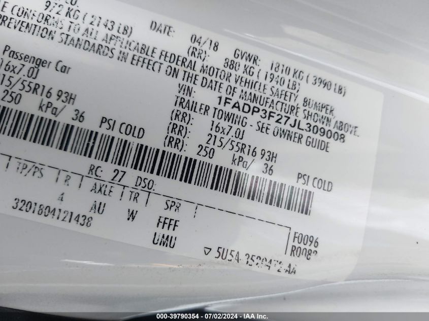 2018 Ford Focus Se VIN: 1FADP3F27JL309008 Lot: 39790354