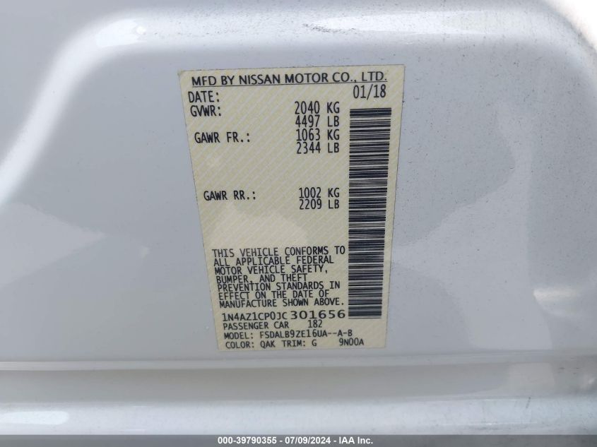 2018 Nissan Leaf S VIN: 1N4AZ1CP0JC301656 Lot: 39790355