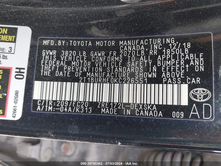 2019 TOYOTA COROLLA SE - 2T1BURHE0KC226551