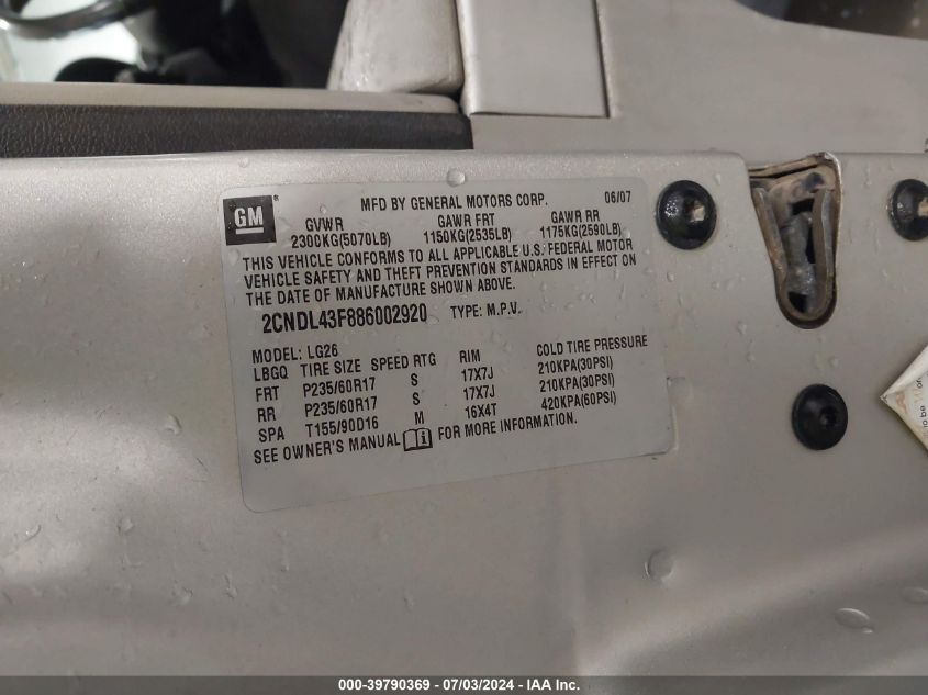 2008 Chevrolet Equinox Lt VIN: 2CNDL43F886002920 Lot: 39790369