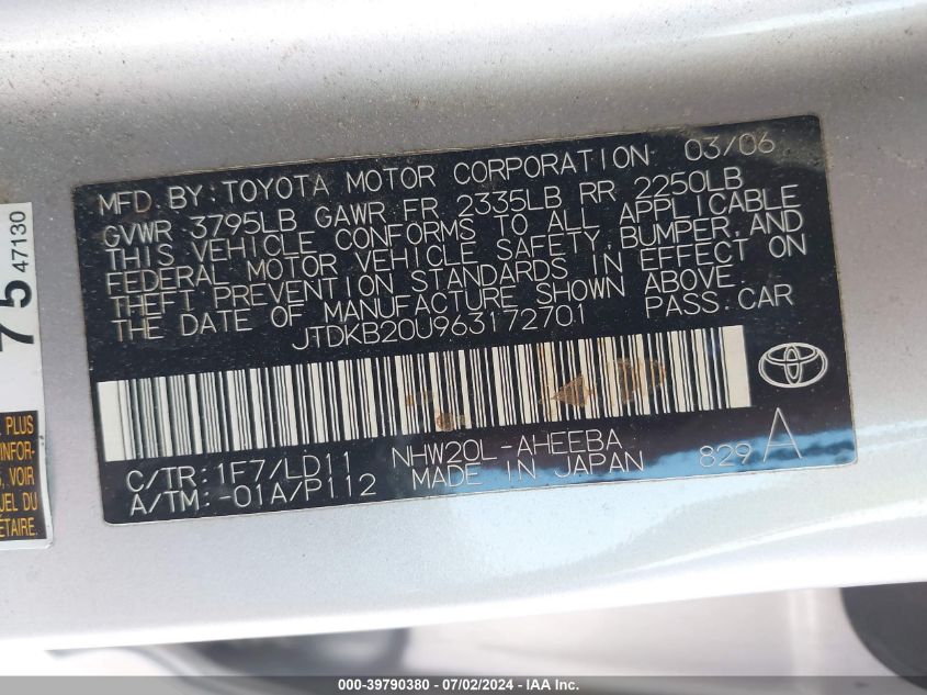 2006 Toyota Prius VIN: JTDKB20U963172701 Lot: 39790380