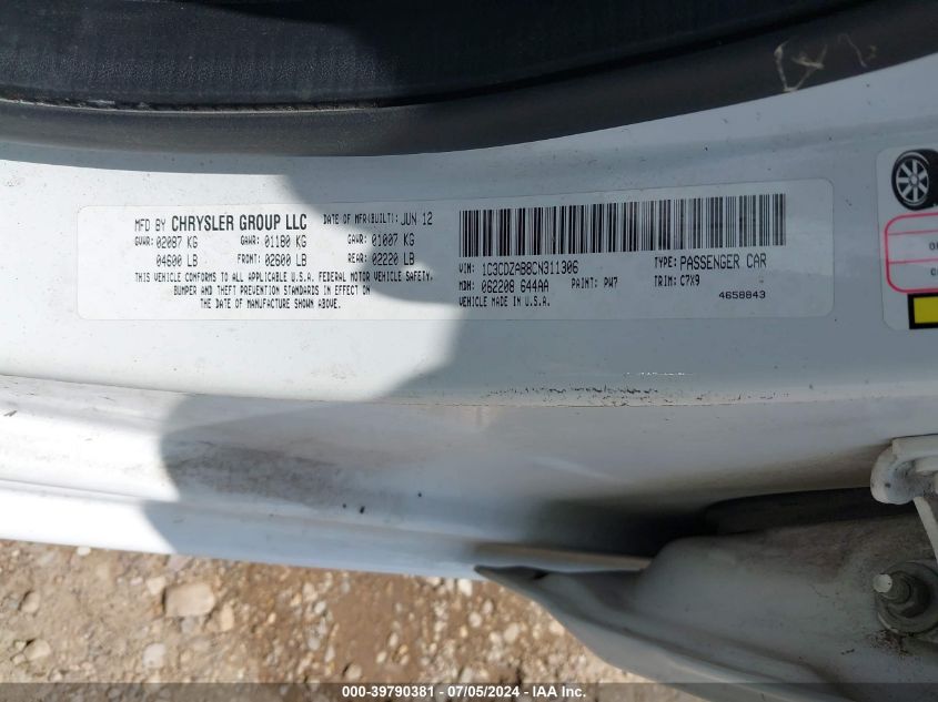 2012 Dodge Avenger Se VIN: 1C3CDZAB8CN311306 Lot: 39790381