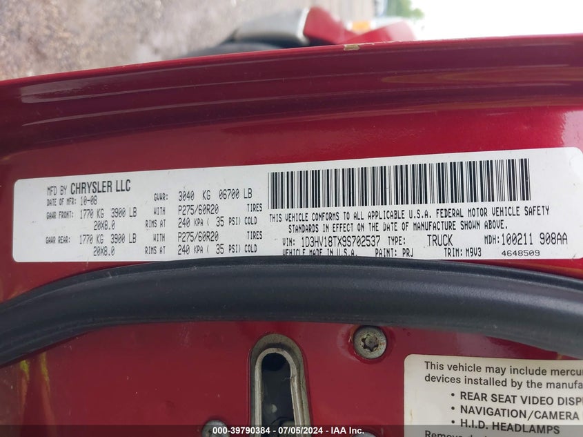 2009 Dodge Ram 1500 Slt/Sport/Trx VIN: 1D3HV18TX9S702537 Lot: 39790384